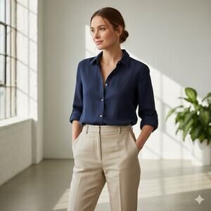 Lauren Ralph Lauren 100% Linen Button-Up Shirt Size Large Navy Blue Split Cuff